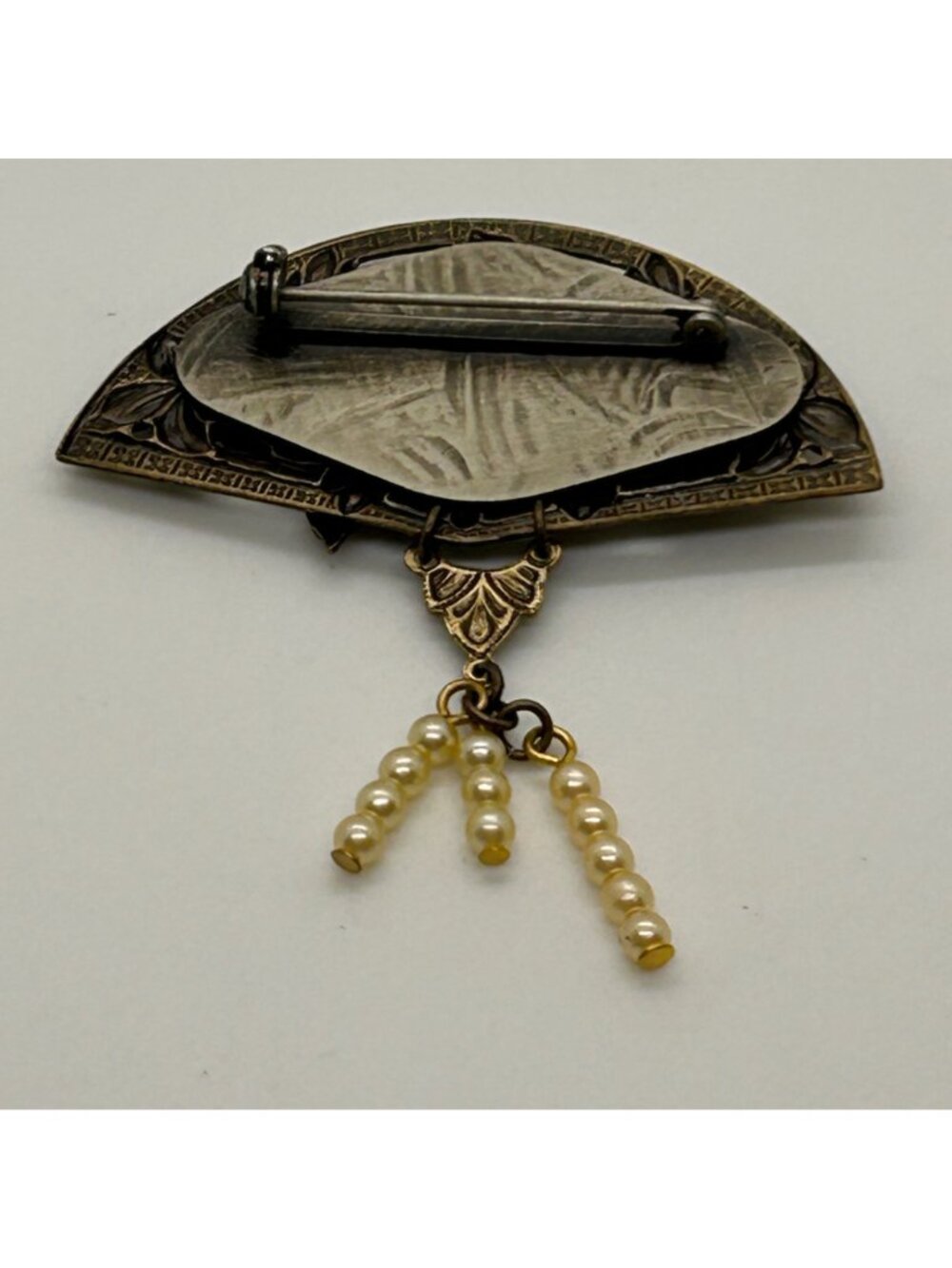 Vintage Art Nouveau Revival Brass Fan Brooch Enamel Bee Faux Pearl Dangles - Picture 7 of 13